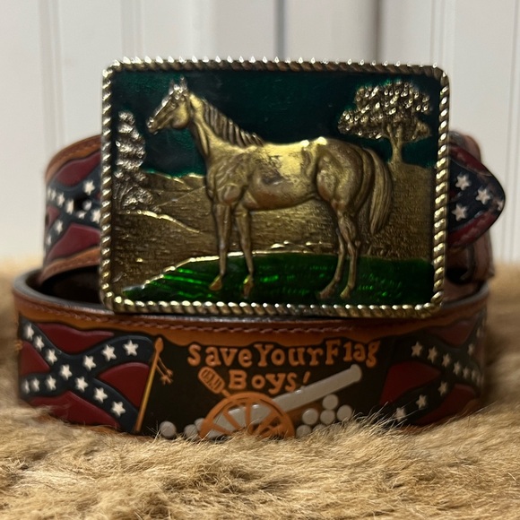 80s Rebel Confederate Flag Civil War Belt & Buckle 34 Vintage Western - Picture 8 of 8